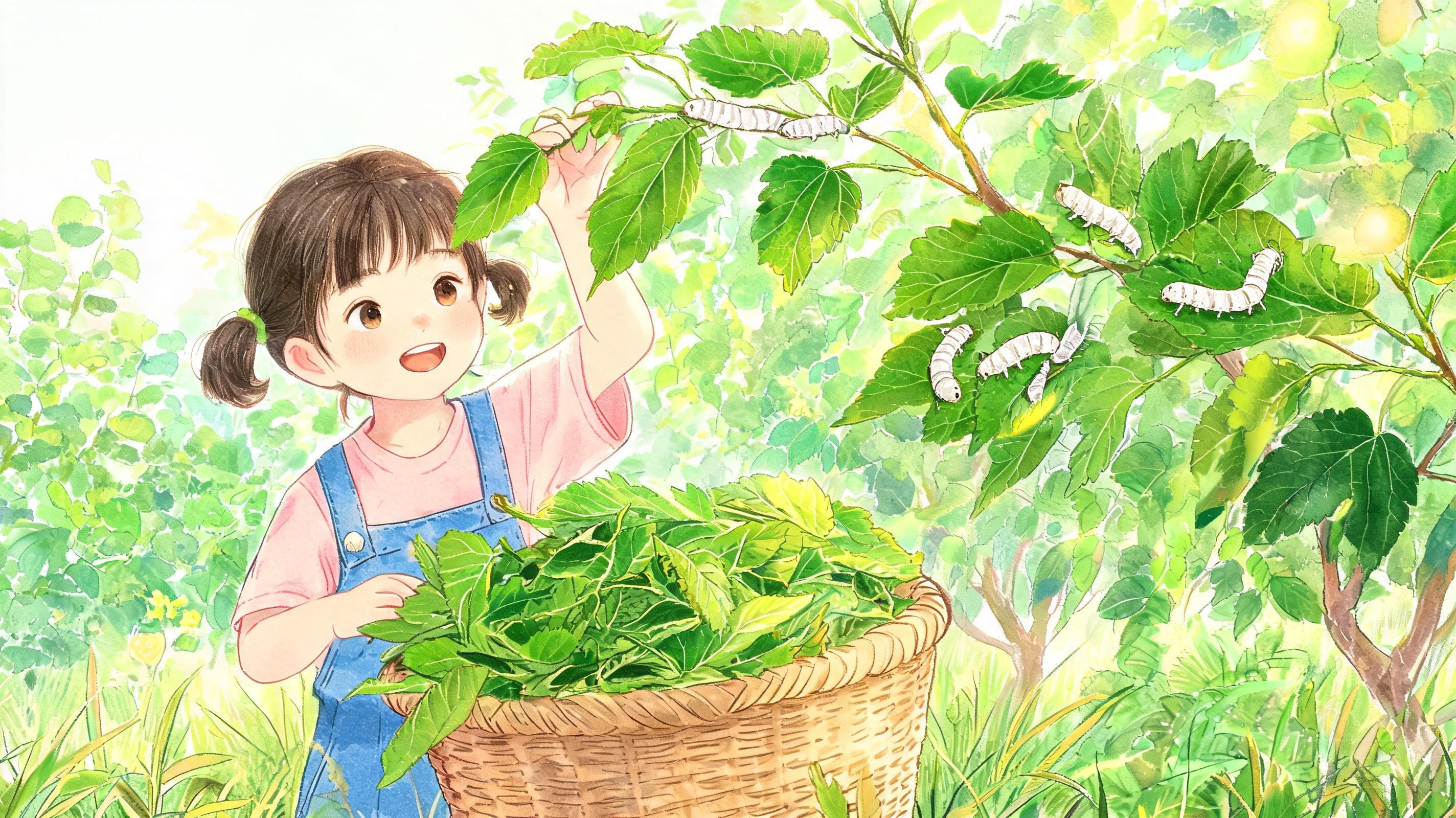蚕的粮仓主视觉——蚕宝宝一天要吃多少桑叶？去桑园寻访：看叶形、摸厚薄、算蚕粮——给蚕宝宝建一座"粮仓"。