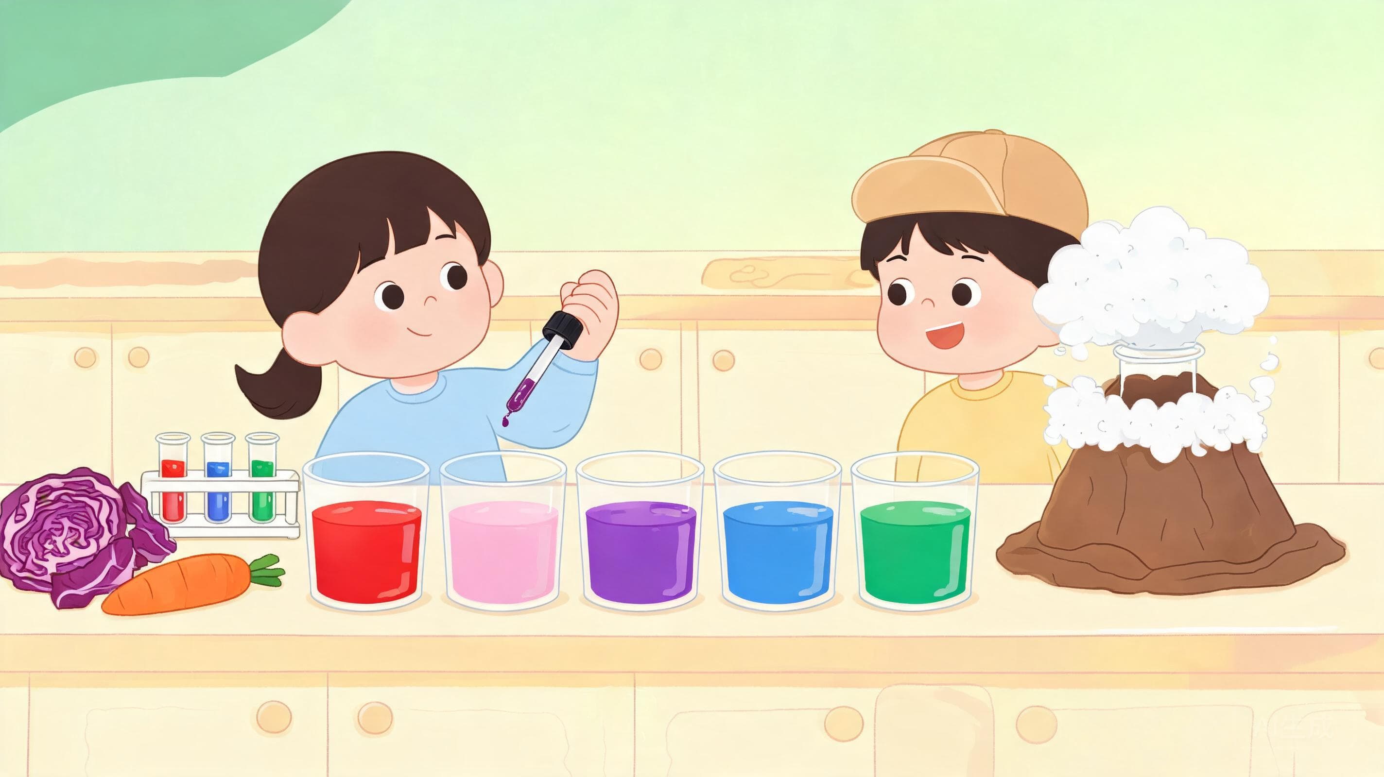厨房里的化学主视觉——紫甘蓝汁是厨房里的化学侦探——遇到白醋变红、遇到碱水变绿。胃药治烧心的秘密、改良酸性土壤的原理，全是同一场"酸碱中和"。
