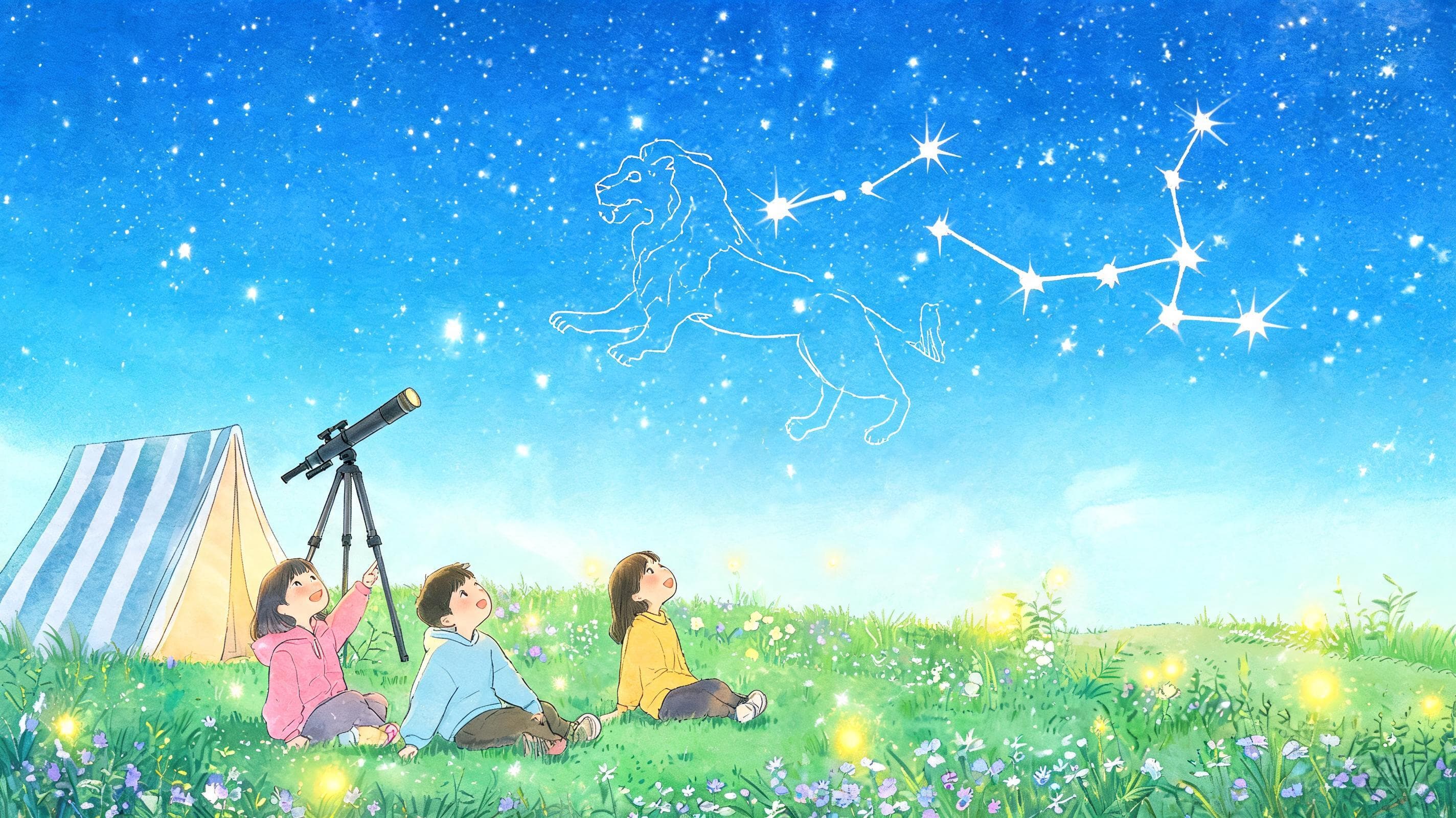 春季星象主视觉——春天的夜空，狮子当头。带上旋转星图和记录本，赴一场与春季星空的户外之约。
