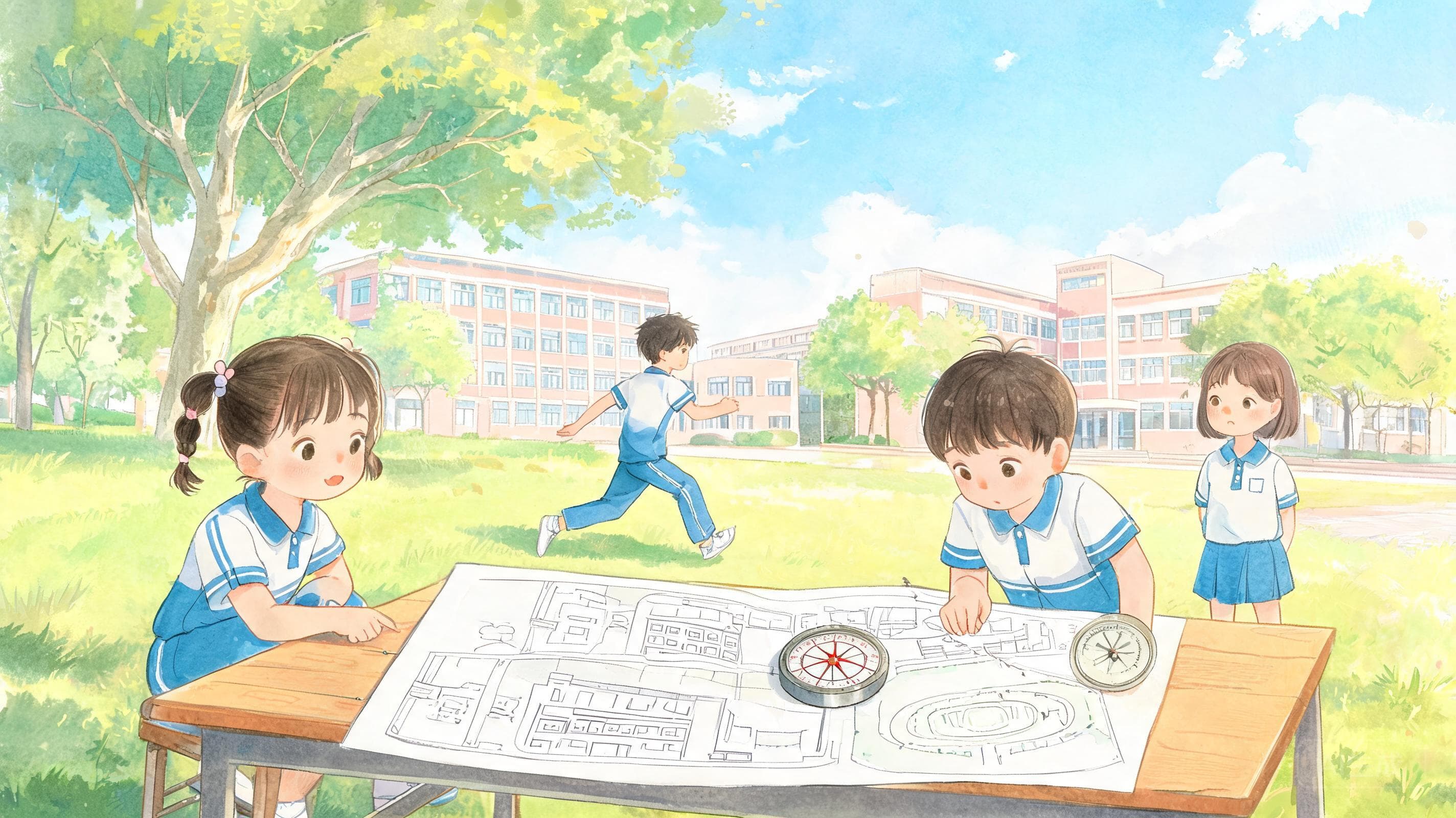 地图的诞生主视觉——不用手机，怎么画出校园的地图？步数当尺子、方向当骨架，你们小组就是第一批校园制图师。