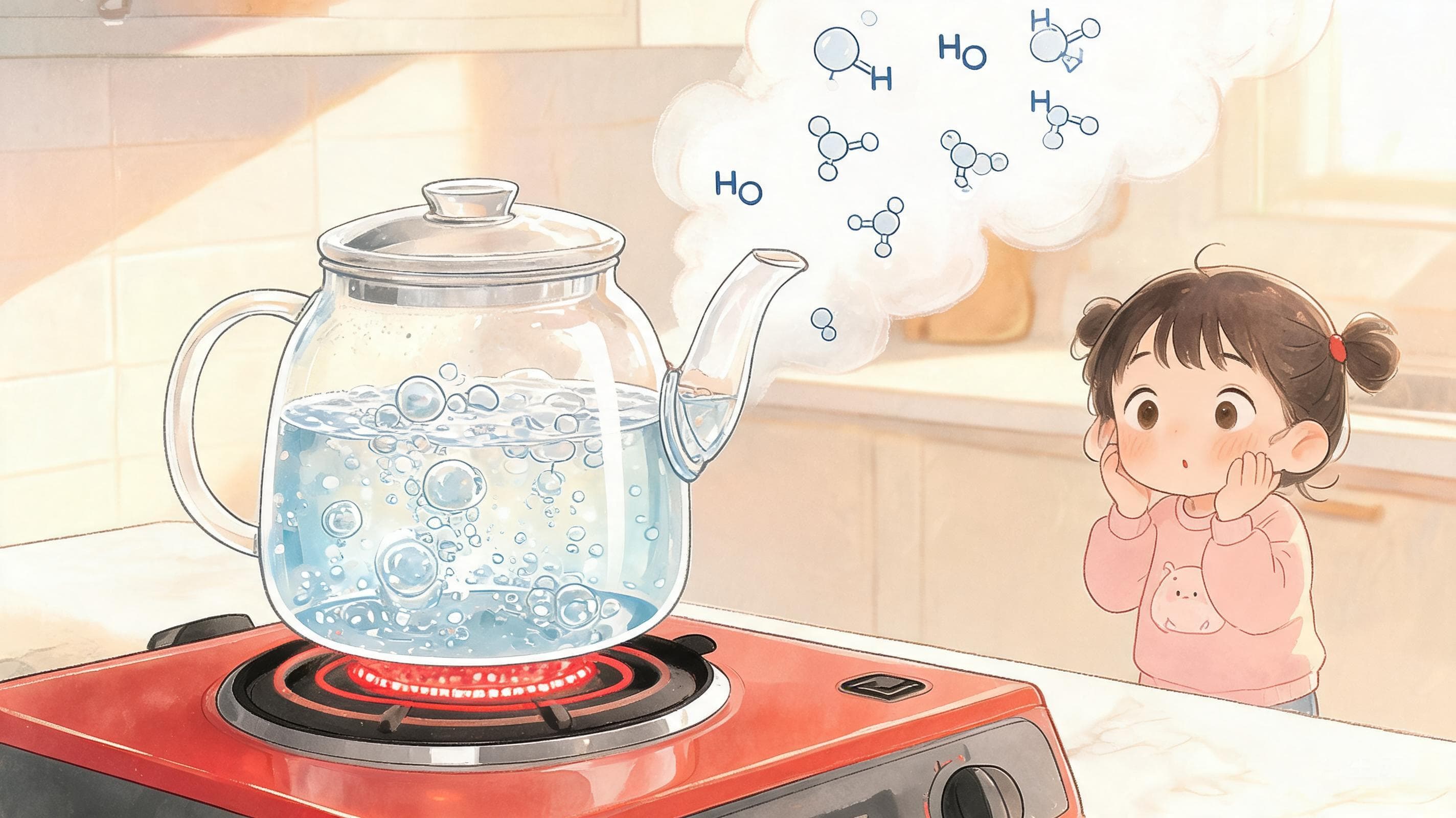 沸腾的真相主视觉——水开了为什么翻滚？"白气"到底是不是水蒸气？这节课盯着一锅水，画出一条完整的沸腾温度曲线，破解 100℃ 的真正含义。