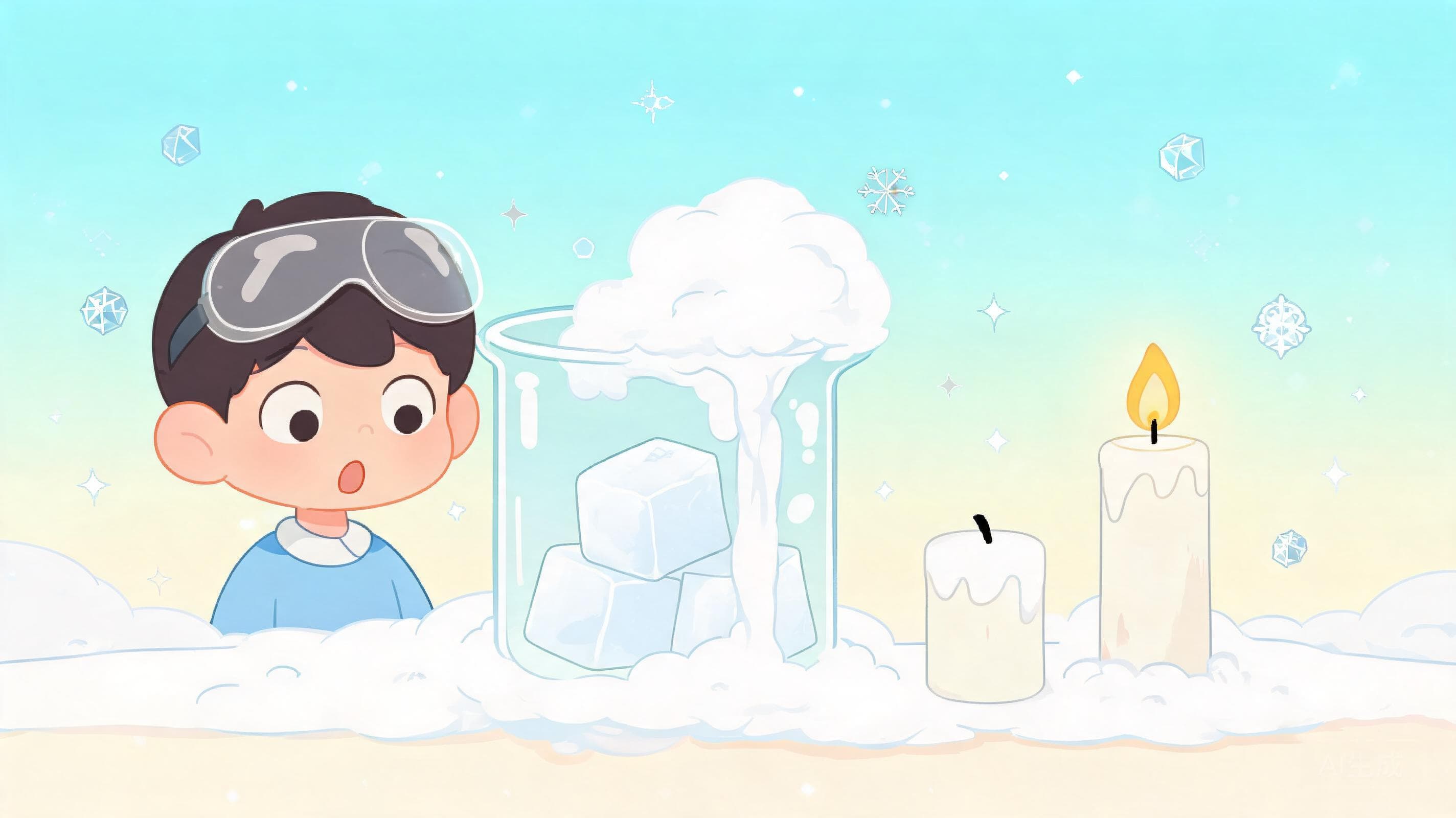 干冰的魔法主视觉——会冒白烟的"魔法冰块"不湿手——它不是冰，是固态二氧化碳。它在舞台上变烟雾、在烧杯里吹灭蜡烛，是中考出镜率最高的气体。