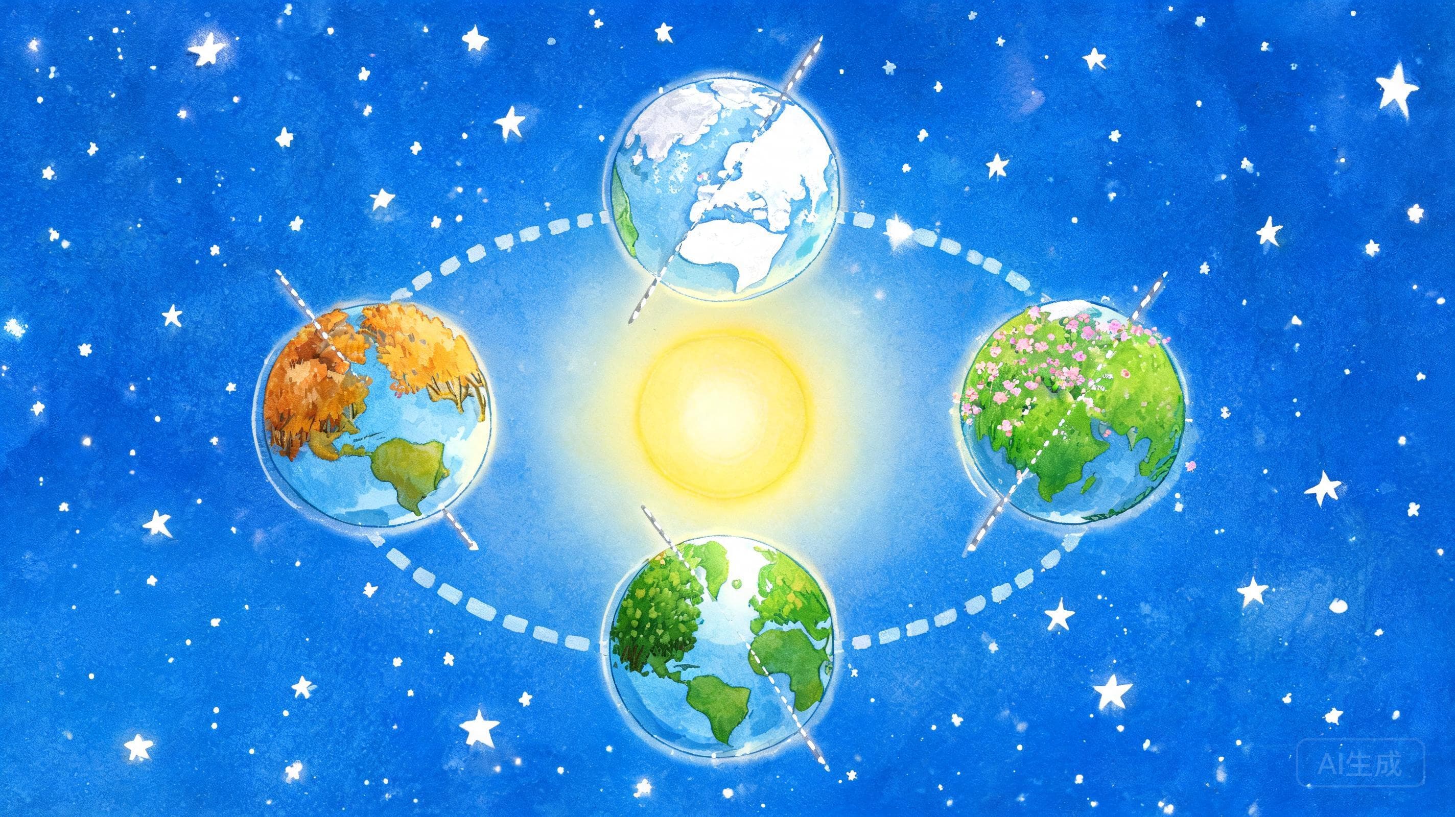 倾斜的地轴主视觉——地球斜着身子绕太阳跑，才有了春夏秋冬。让地球仪"歪"起来转圈，四季的身世一目了然。