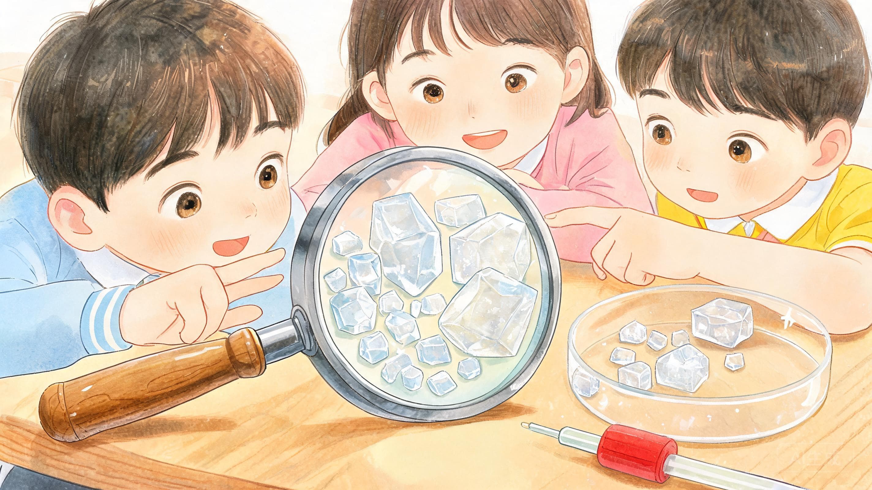 沙粒中的宝石主视觉——一粒沙放大一百倍，可能是颗宝石——盐、糖、明矾都会自己"长"出漂亮的几何形状。这节课把晶体养出来。