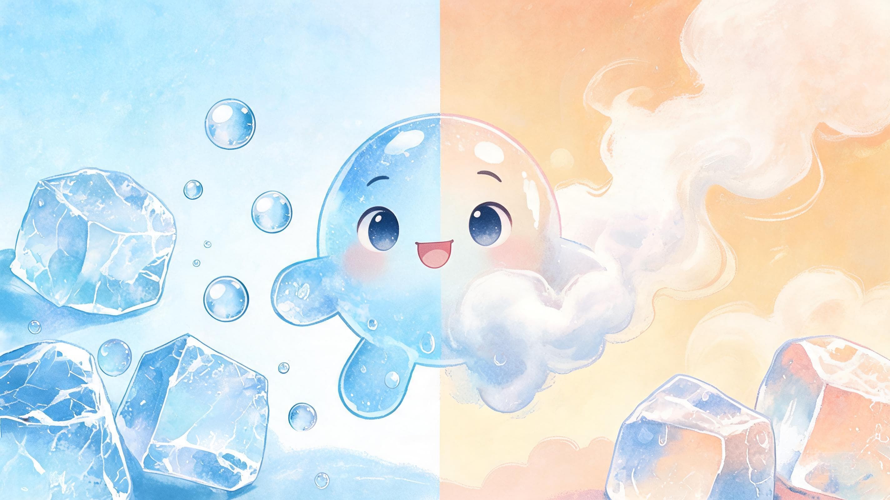 水的三重身份主视觉——冰、水、白气，其实是同一个"人"的三副面孔——这节课把水的三副面孔建成档案，搞清它们之间互相变身的路线图。
