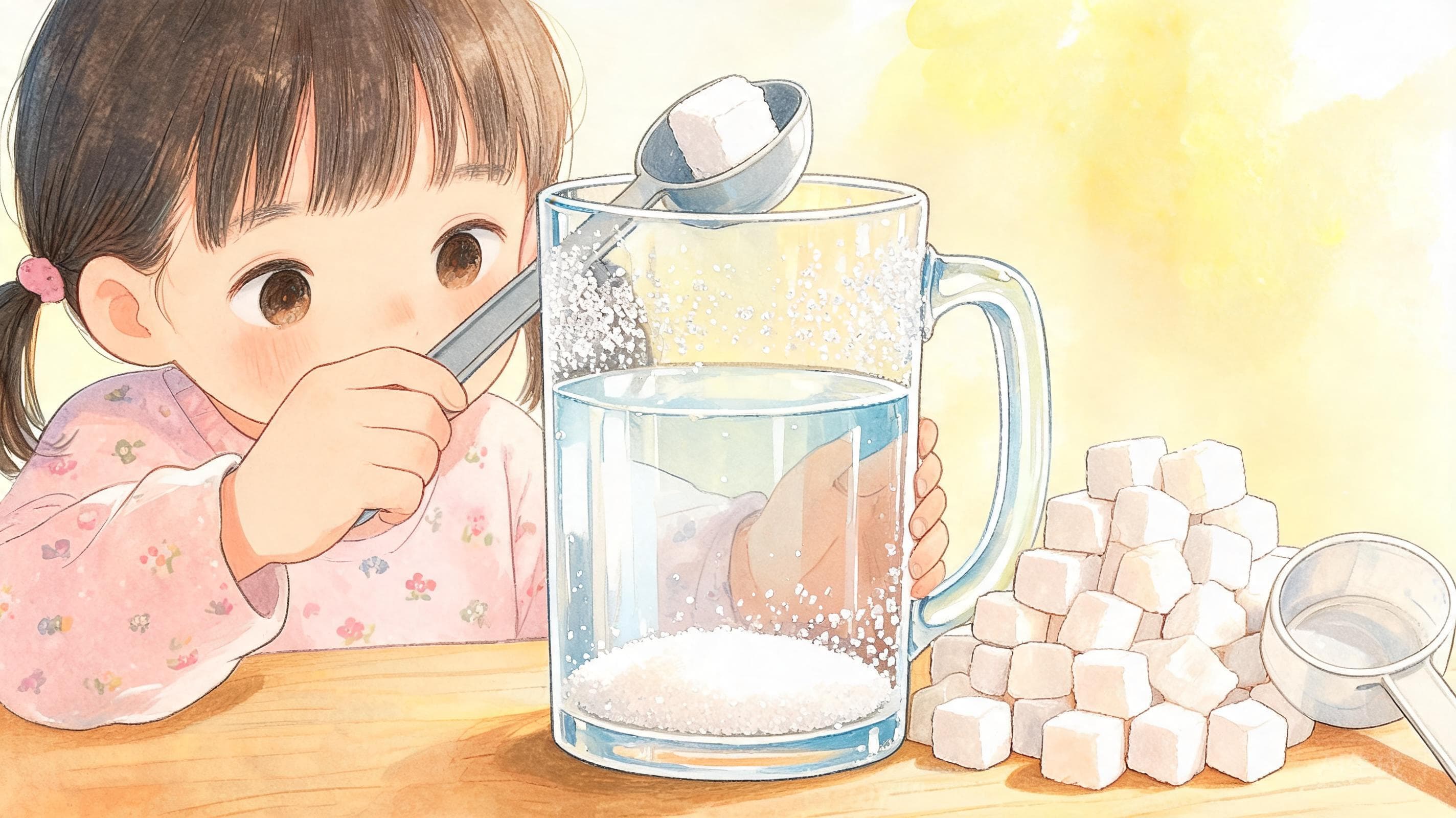 水的胃口主视觉——一杯水能"吃"下多少勺糖？测出水的胃口极限，再想办法把吃掉的糖"吐"回来——溶解的极限与回收。