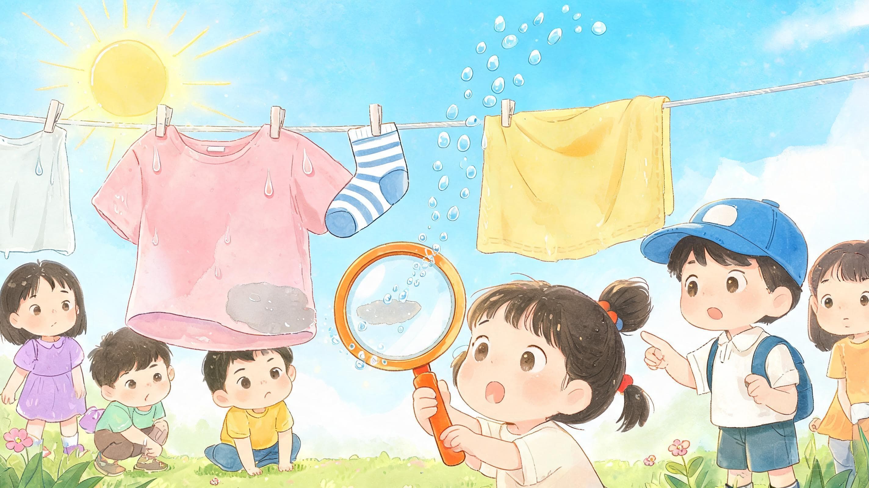 逃逸的分子主视觉——湿衣服晾在太阳下，水去哪儿了？这节课抓住"逃逸的分子"，用控制变量法找出蒸发的三个开关：温度、表面积、气流。