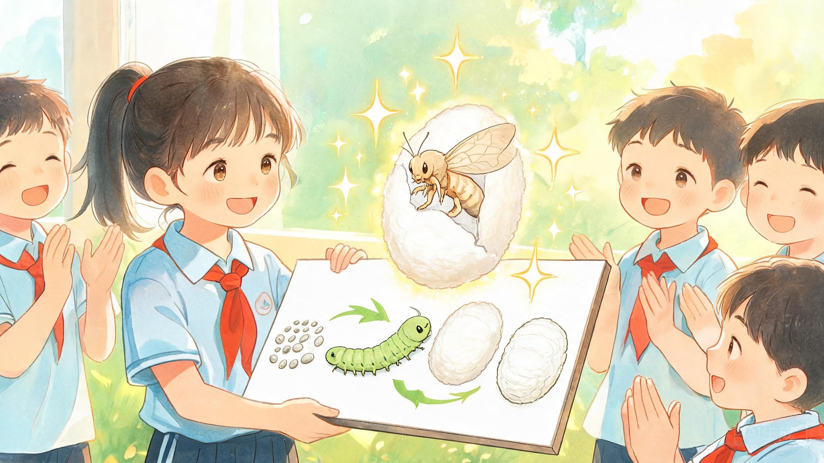 蜕变的故事主视觉——从卵到蛾，你和蚕一起走完了它的一生。养蚕日记发布会+生命教育圆桌——最后，把"蜕变"讲成一个故事。