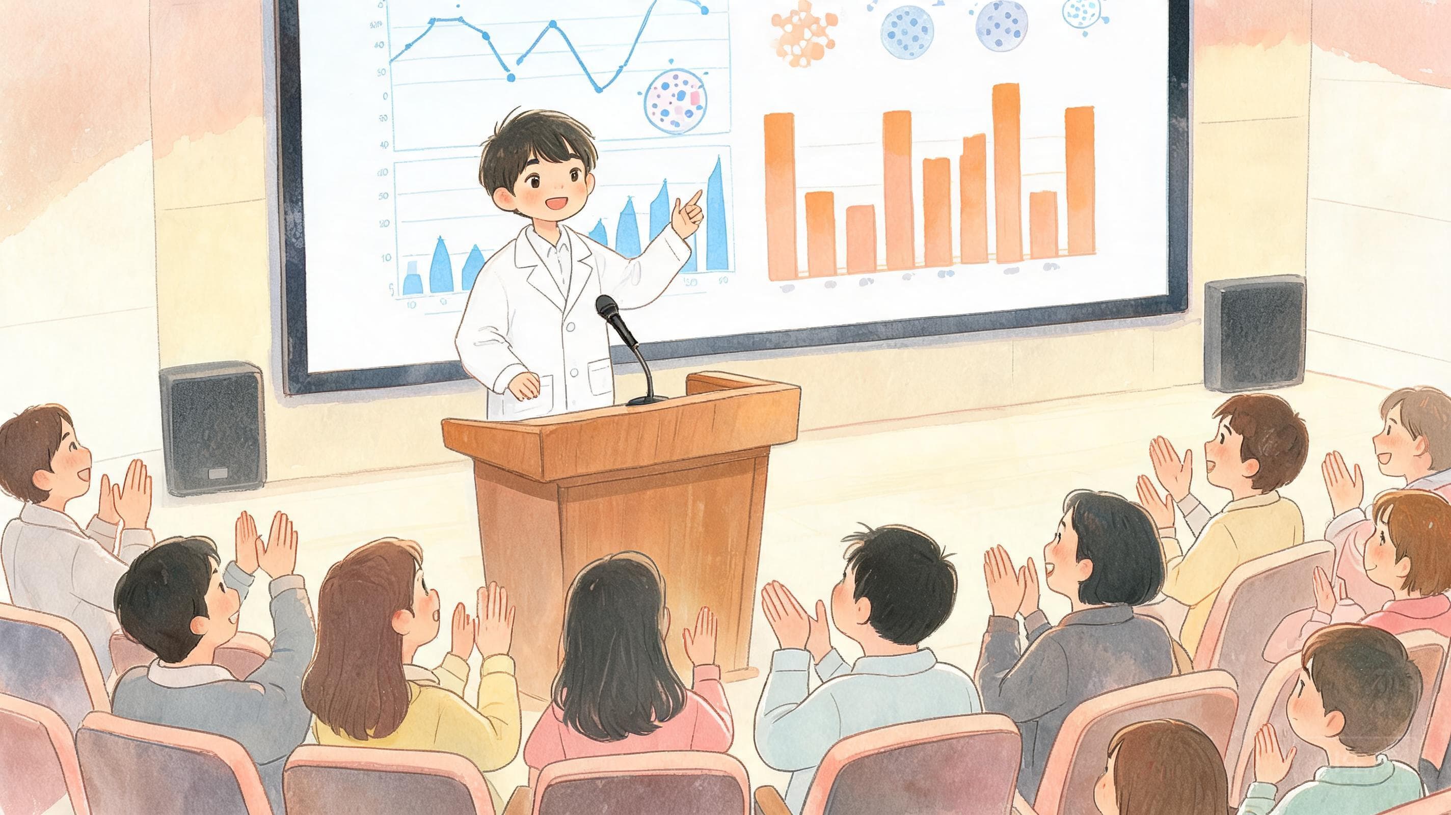 小科学家答辩主视觉——穿上实验服，站上答辩台——这是你的毕业典礼，也是你科学人生的首场发布会。