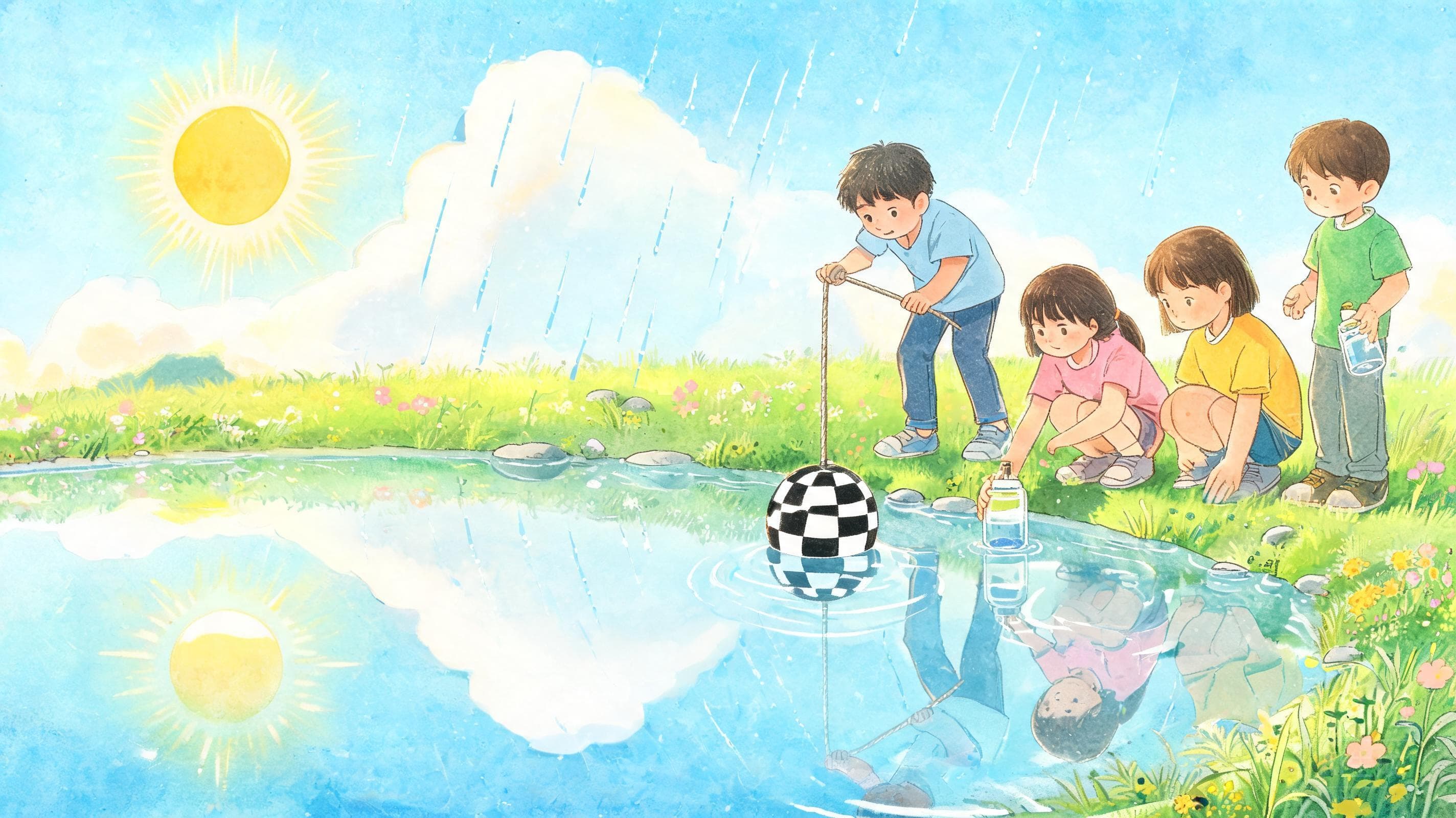 一滴水的旅程主视觉——校园水塘里的一滴水，干净吗？取样检测透明度，再顺着它的脚印走一遍水循环——每一滴水都在赶路。