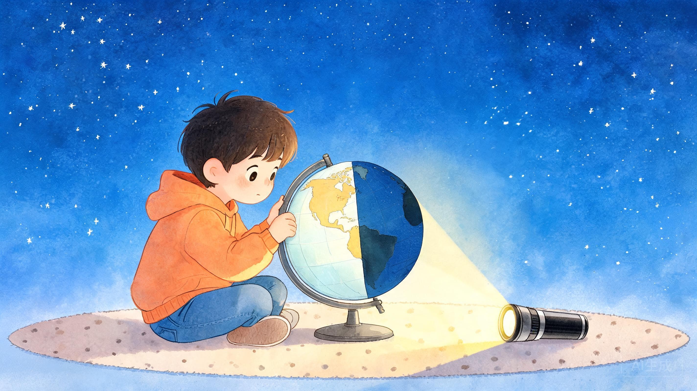 昼夜的分界主视觉——地球转过身，就过了一天。手电筒当地太阳，地球仪慢慢转，晨昏线滑过的地方，就是白天和黑夜的交接班。