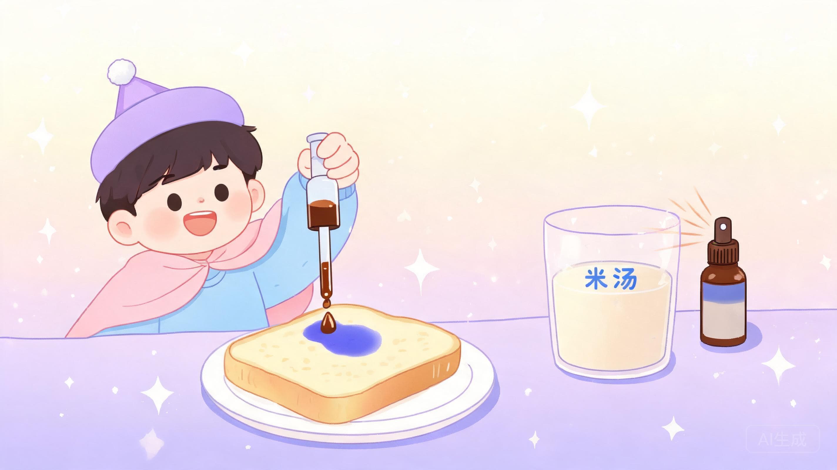 碘酒的魔法主视觉——碘酒是淀粉的"显影剂"——一滴下去,藏在地瓜、馒头甚至火腿肠里的淀粉当场现形。这一滴里,藏着化学检测的全部秘密。