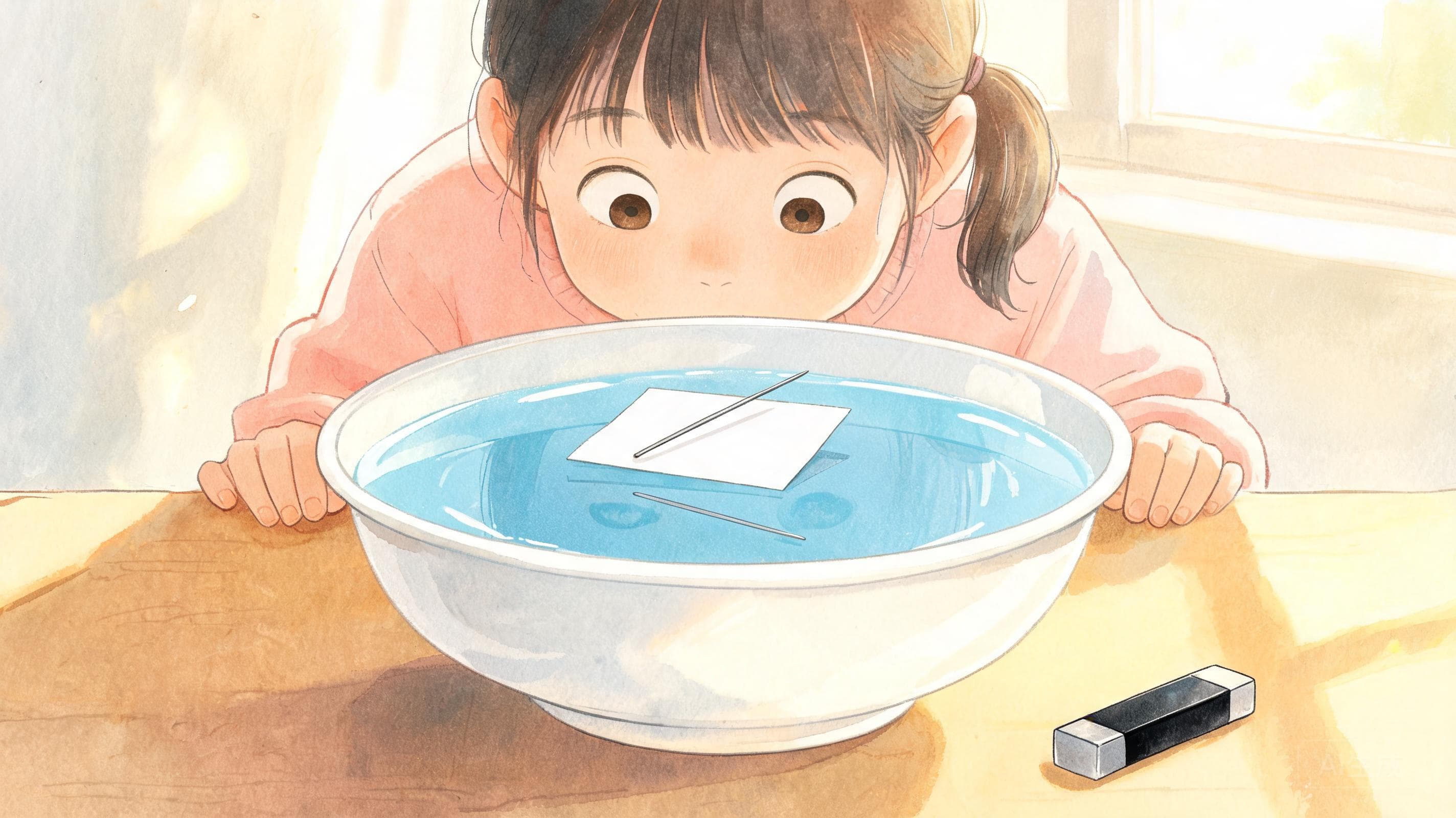 浮在水面上的方向主视觉——把一根缝衣针变成指南针:摩擦磁化、浮上水面、转出方向——复刻两千年前中国人发明的"水浮式指南针"。