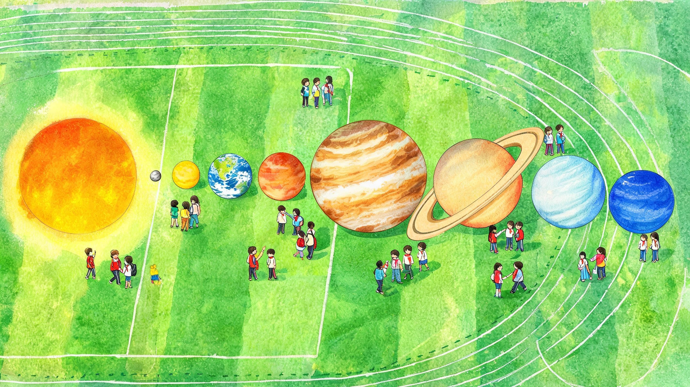 太阳系全家福主视觉——八大行星排排站,地球是第三个。给太阳系拍一张"全家福"——比例一算,才知道家有多大。