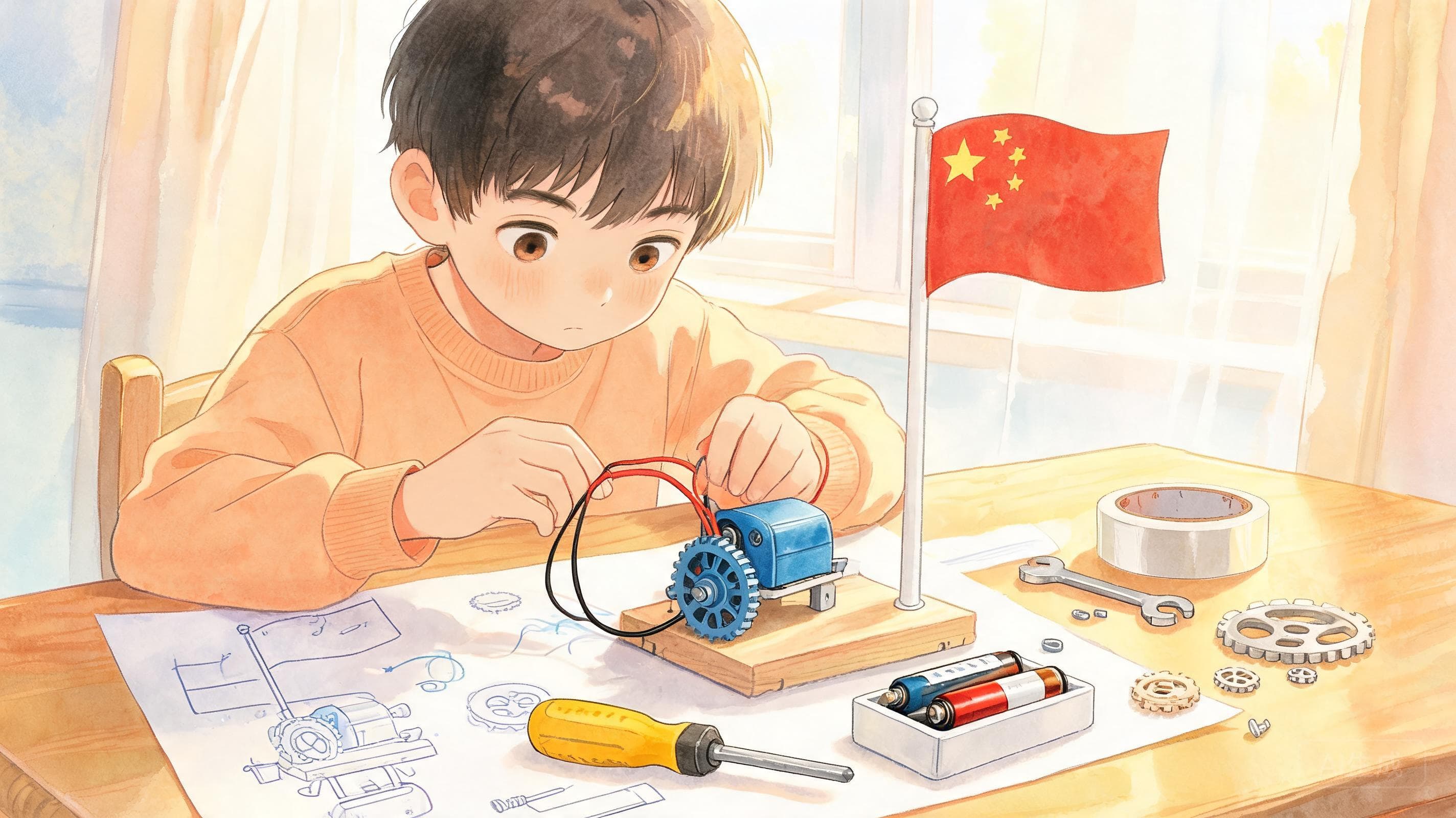 小小工程师主视觉——这学期学的机械+电+磁,全用上——自选课题设计一台电动装置,从图纸到发布会,走完工程师的全流程。