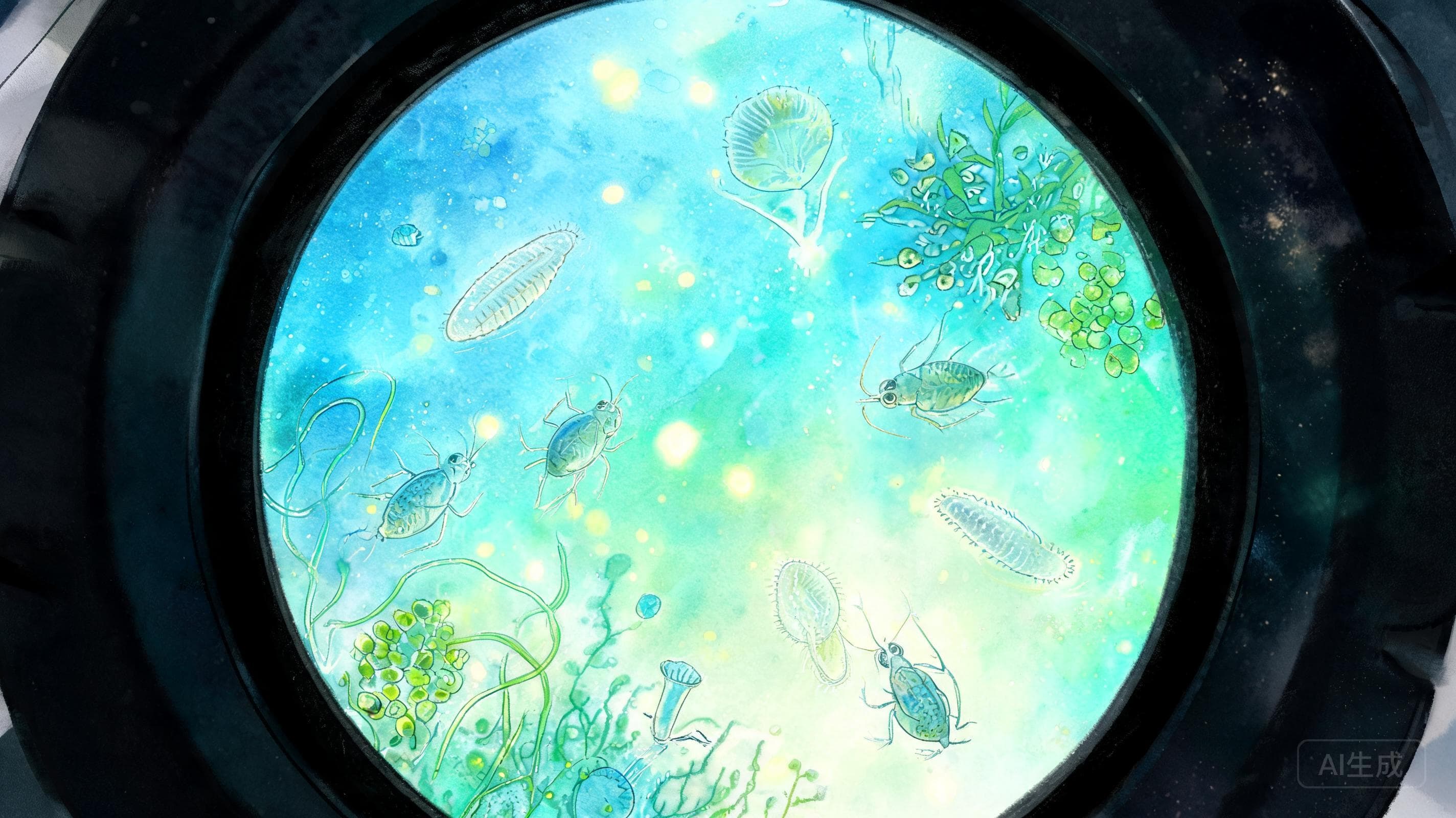 一滴水的宇宙主视觉——池塘水一滴,就是一个动物园——草履虫在游泳、轮虫在捕食。这节课当一回微生物猎人。